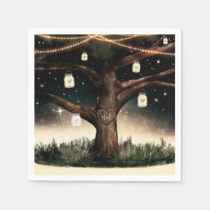 Servilleta De Papel Árbol Rústico Nocturno con Luces y Frascos de Ceme
