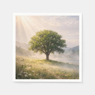 Servilleta De Papel Árbol verde solitario en niebla con rayos de sol