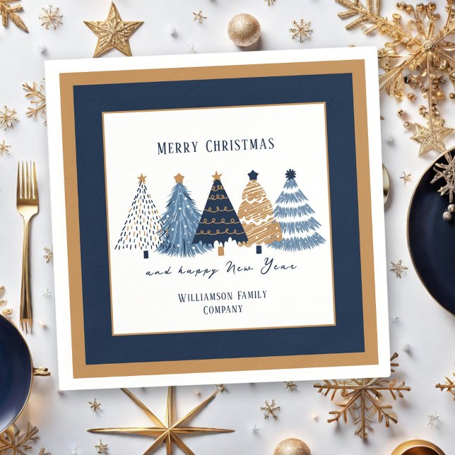 Servilleta De Papel Árboles azules de la marina Mensajes de texto Navi (Navy Blue Trees Text Name Modern Christmas Holiday Napkins)
