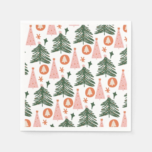 Servilleta De Papel Árboles de Navidad Boho Verde Rosa Naranja (Anverso)