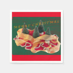 Servilleta De Papel Árboles de navidad, cinta dorada en tarjeta roja