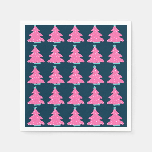 Servilleta De Papel Árboles de Navidad rosados y contemporáneos en azu (Anverso)
