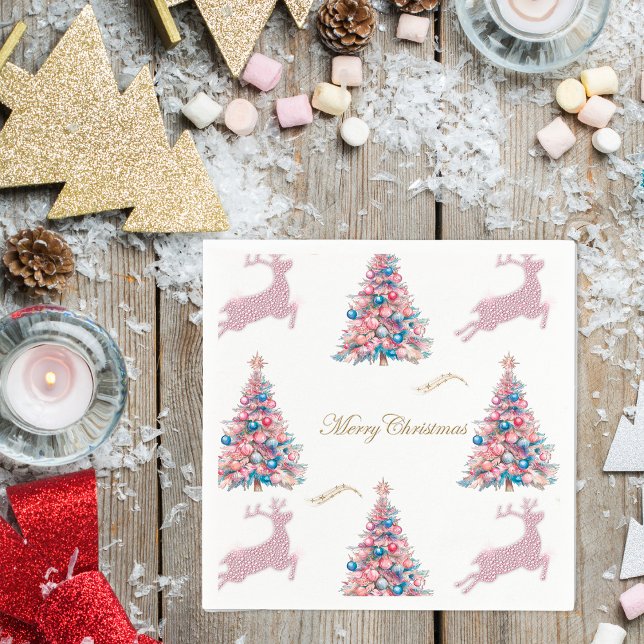 Servilleta De Papel Árboles de Navidad y renos de pastel Navidad (Pastel Christmas Trees and Reindeer Christmas Paper Napkins by the Olde Christmas Shoppe)