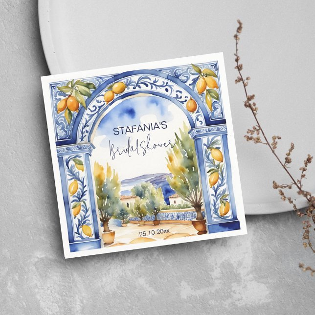 Servilleta De Papel Arco de limones para despedida de soltera con bald (Italian Blue tiles arch lemons bridal shower tableware personalized napkins Napkins watercolor scene)