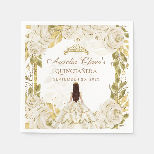 Servilleta De Papel Arco de oro de la flor blanca marfil Quinceanera (Anverso)