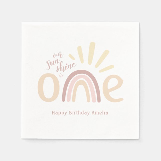 Servilleta De Papel Arcoiris boho y sol primer cumpleaños (Anverso)