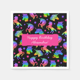 Servilleta De Papel Arcoiris unicornio purpurina con nombre cumpleaños