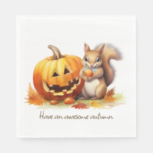 Servilleta De Papel Ardilla de otoño en acuarela con Jack-o-lantern