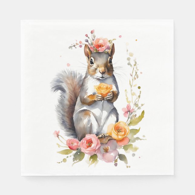 Servilleta De Papel Ardilla suave con flores (Anverso)