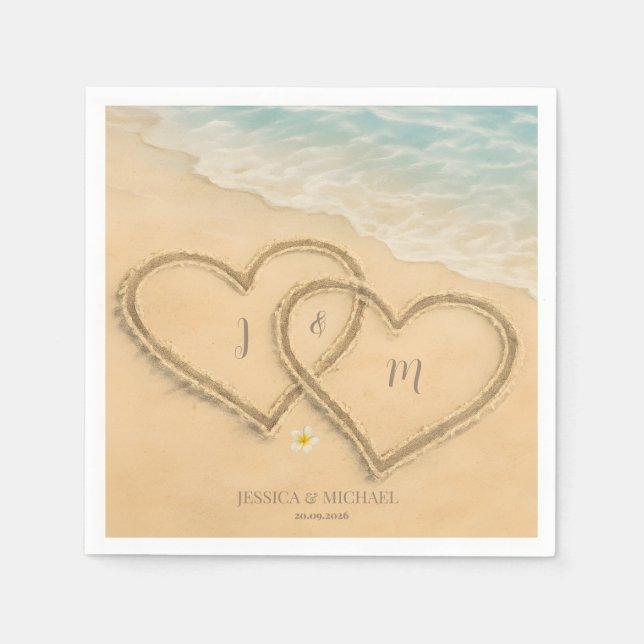 Servilleta De Papel Arena y mar de casamiento personalizado del corazó (Anverso)