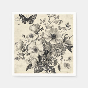 Servilleta De Papel Arreglo floral antiguo - Mariposa monocroma