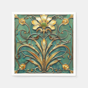 Servilleta De Papel Art Deco Hermosa Lirios Turquesa Verde Oro