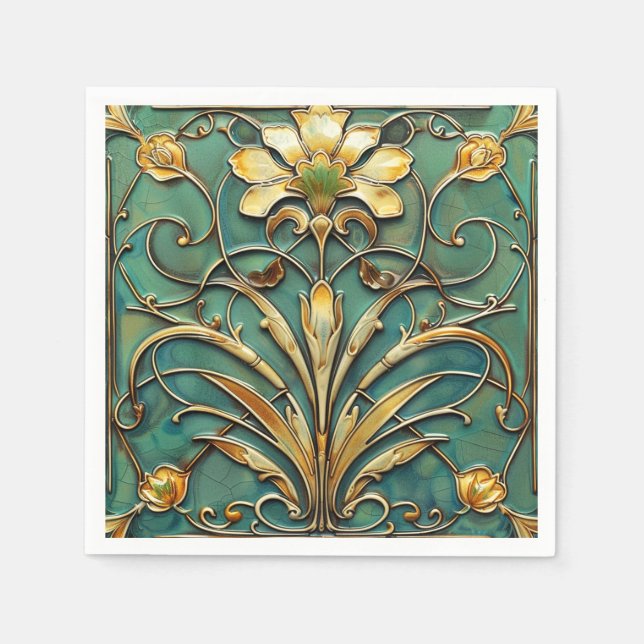 Servilleta De Papel Art Deco Hermoso Lily Turquoise Green Gold (Anverso)
