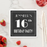 Servilleta De Papel Art Deco Look 16th Birthday Party con nombre perso<br><div class="desc">El diseño de la servilleta de papel inspirado en el estilo de los años 1920-1930 presenta un nombre de personalizable, un intrincado estilo Art Déco inspirado en el número "16", el mensaje "¡PARTIDO DE CUMPLEAÑOS!" y un borde multilínea. Presenta un fondo de color negro de forma predeterminada, pero se puede...</div>