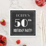 Servilleta De Papel Art Deco Look 50th Birthday Party con nombre perso<br><div class="desc">Este elegante diseño de servilletas de papel para fiestas de 50 años incluye un nombre personalizado, un lujoso estilo Art Déco inspirado número "50", el mensaje "¡PARTIDO DE CUMPLEAÑOS!" y un patrón de frontera que consiste en líneas. Tiene un fondo de color negro de forma predeterminada, pero se puede personalizar...</div>