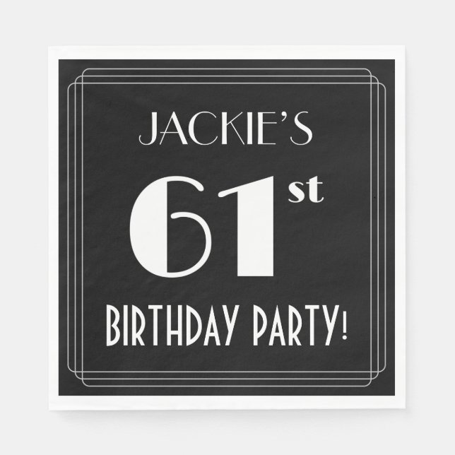 Servilleta De Papel Art Deco Look 61st Birthday Party con nombre perso (Anverso)