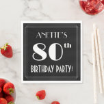 Servilleta De Papel Art Deco Look 80th Birthday Party con nombre perso<br><div class="desc">Este lujoso diseño de servilletas de papel inspirado en el estilo de los años 20-30 inspirado en la fiesta de cumpleaños número 80/celebración presenta un nombre de personalizable, un intrincado estilo Art Déco inspirado en el número "80", el mensaje "¡FIESTA DE CUMPLEAÑOS!" y un patrón fronterizo compuesto de líneas. Tiene...</div>