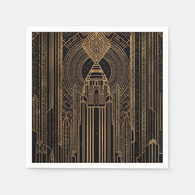 Servilleta de papel Art Déco negra y dorada (Anverso)