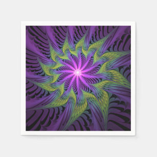 Servilleta De Papel Arte abstracto fractal moderno de flor verde púrpu