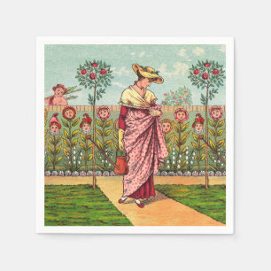 Servilleta De Papel Arte Antiguo Mujer Flor Creciente Jardín