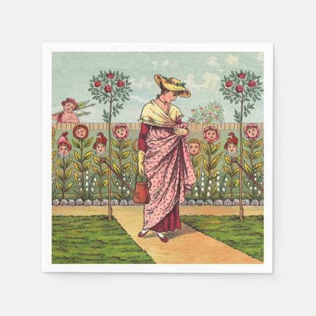 Servilleta De Papel Arte Antiguo Mujer Flor Creciente Jardín (Anverso)