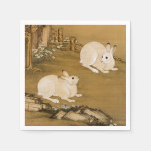 Servilleta De Papel Arte Chino Antiguo Dos Conejos Blancos Pintura