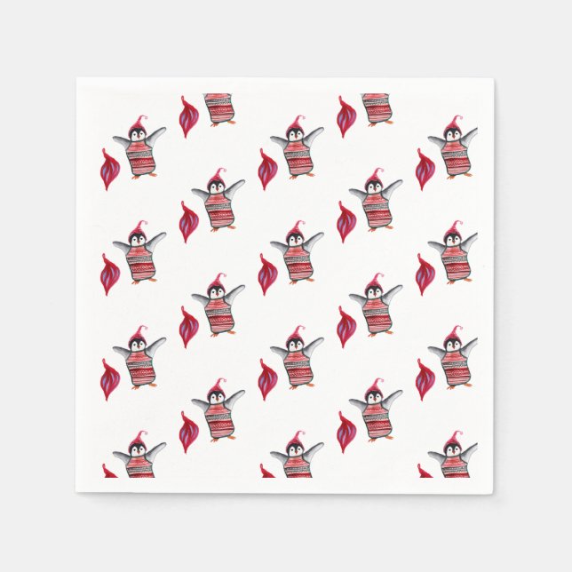 Servilleta De Papel Arte de acuarela de pingüino para Navidad (Anverso)