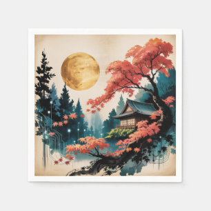 Servilleta De Papel Arte de Cabaña Iluminada por la Luna en Bosque Jap