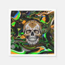 Arte de cráneo de azúcar naranja negro y verde lim