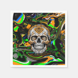 Servilleta De Papel Arte de cráneo de azúcar naranja negro y verde lim