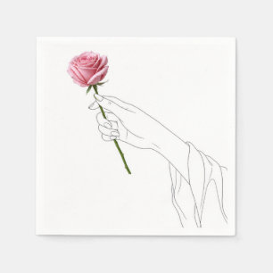 Servilleta De Papel Arte de línea Mano sosteniendo una rosa rosa