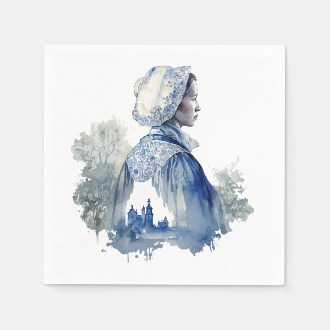 Servilleta De Papel Arte Delft azul y blanco con una escena de pueblo  (Anverso)