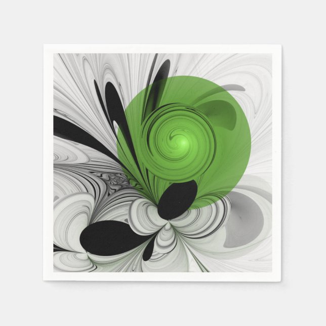 Servilleta De Papel Arte fractal abstracto en blanco y negro con verde (Anverso)