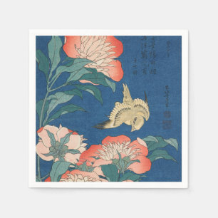 Servilleta De Papel Arte japonés de Hokusai Peonías y Canario