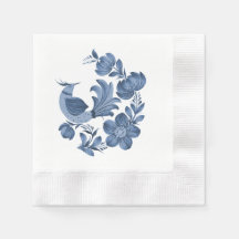 Arte popular de pájaro y floral azul elegante 