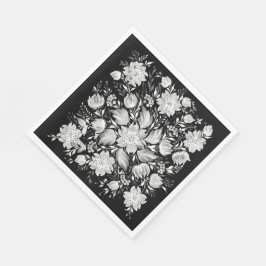 Servilleta De Papel Arte popular floral monocromo en blanco y negro