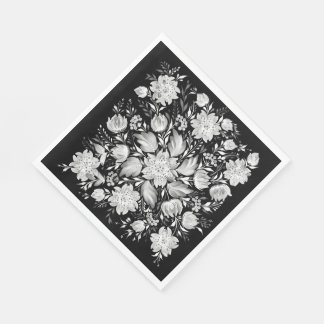 Servilleta De Papel Arte popular floral monocromo en blanco y negro