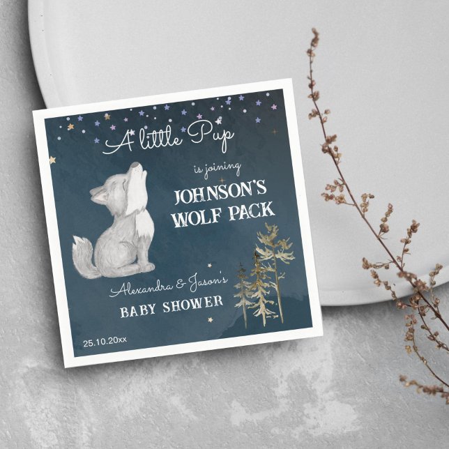 Servilleta De Papel Artículos de tocador con temática de lobo pequeño (Little wolf themed baby shower tableware personalized napkins cute wolf cub howling starry night)