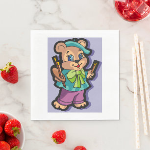 Servilleta De Papel Artista del Oso de Peluche con Boina y Pinceles