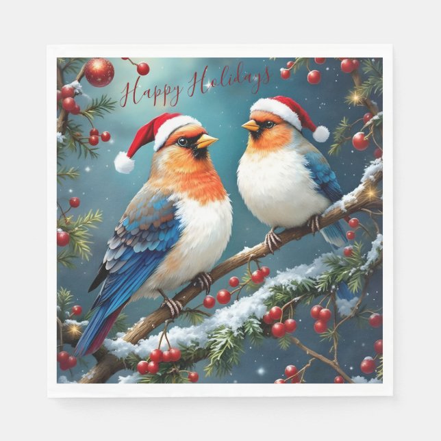 Servilleta De Papel Artistic Holiday Christmas Birds With Santa Hats (Anverso)