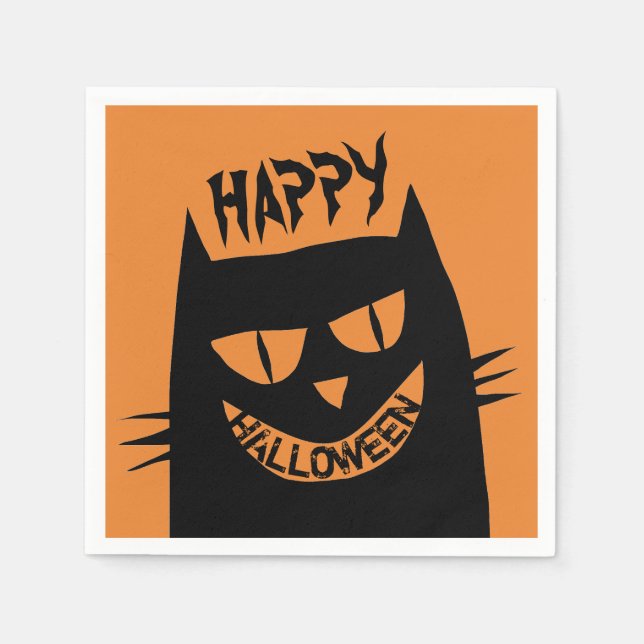 Servilleta De Papel Asombroso gato negro de Halloween en Naranja (Anverso)