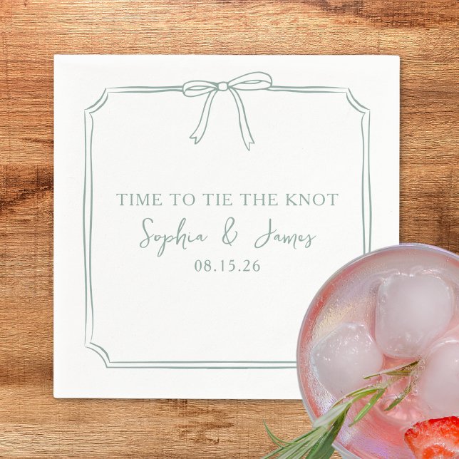 Servilleta De Papel "Atar El Cerdo" Elegante Boda Verde De Bow Sage (Custom sage green napkins with chic hand drawn bow design—perfect to "Tie the Knot" in style. )