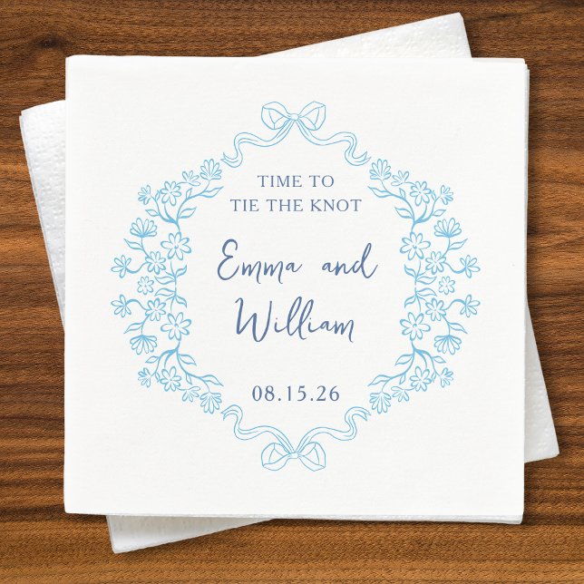 Servilleta De Papel "Atar el nudo" Bow & Floral Design Custom Wedding (Charming 'Time to Tie the Knot' wedding napkins with floral and bow design, customizable and elegant)