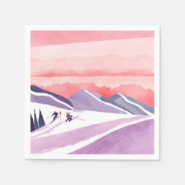 Servilleta De Papel Atardecer de Montaña de Esquí con Acuarela Pastel