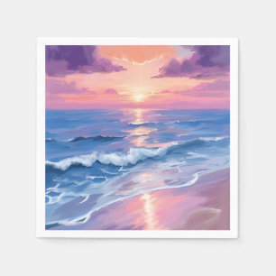 Servilleta De Papel Atardecer Lavanda Púrpura Playa Océano Acuarela