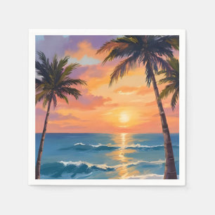 Servilleta De Papel Atardecer Oceánico Tropical Palma Acuarela