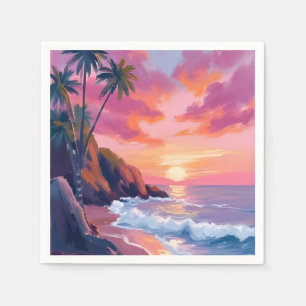 Servilleta De Papel Atardecer Tropical Rosa Océano Acuarela