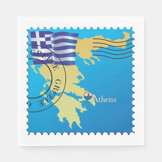 Servilleta De Papel Atenas Grecia: Sello de viaje Bandera griega y map (Anverso)