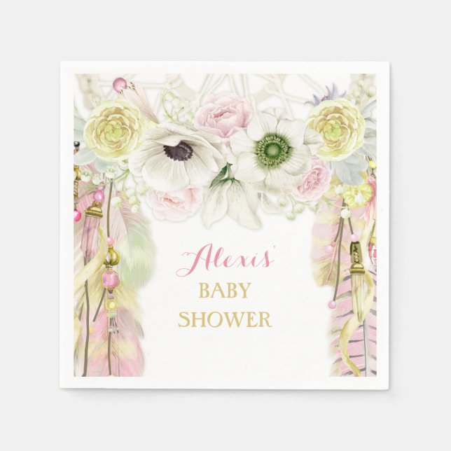 Servilleta De Papel Atrapasueños Boho Plumas Rosa Amarillo (Anverso)