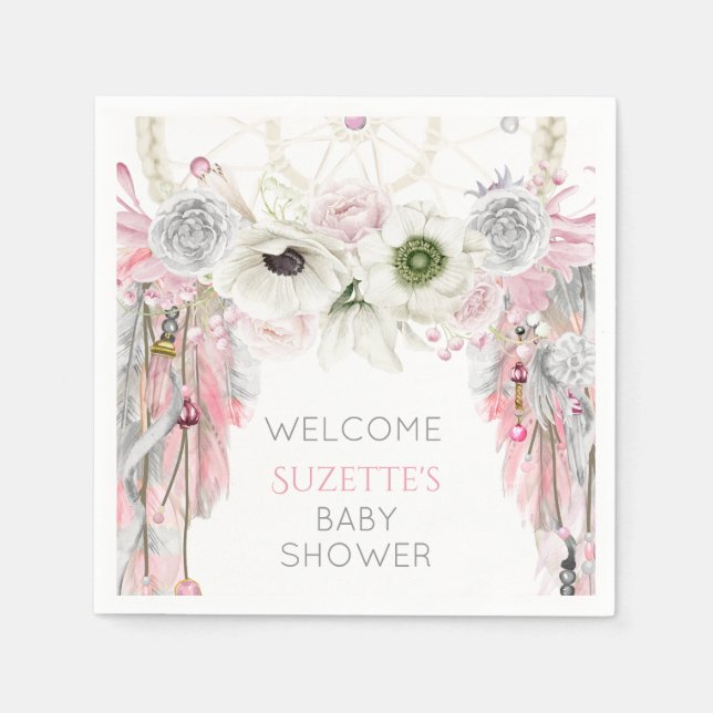 Servilleta De Papel Atrapasueños de plumas gris marfil rosa (Anverso)